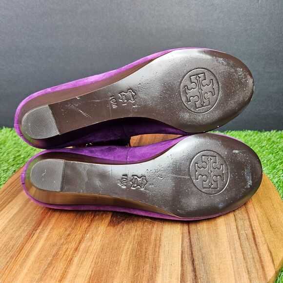 Tory Burch Purple Leather Suede Chelsea Wedge Heels Bow Logo Round Toe 10 M - Picture 10 of 12